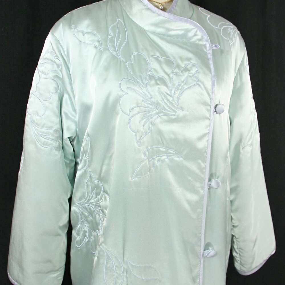 Vintage Natori Satin Floral Embroidered Full Length Winter Robe Lounge Blue M - Picture 3 of 14